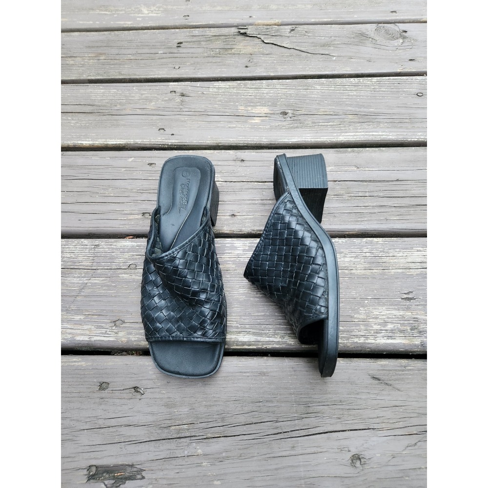 Vintage 90s Montego Bay Club Woven Leather Block Heel Slide Sandals Black 8.5